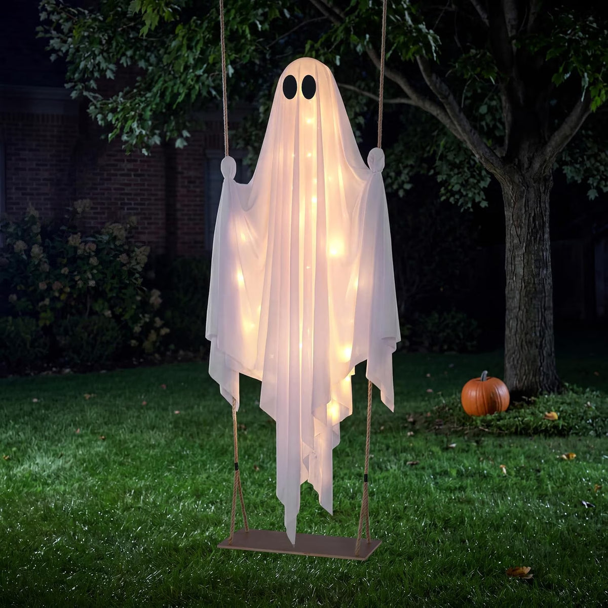 5 Ft Illuminated Hanging Ghost Swing - Enchanting Warm White LED Halloween Outdoor Decoration for Yard, Tree, and Front Porch
