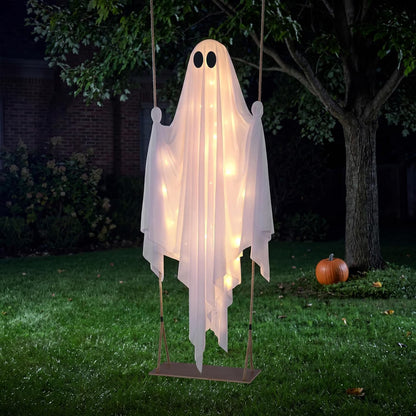 5 Ft Illuminated Hanging Ghost Swing - Enchanting Warm White LED Halloween Outdoor Decoration for Yard, Tree, and Front Porch
