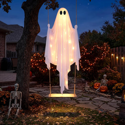 5 Ft Illuminated Hanging Ghost Swing - Enchanting Warm White LED Halloween Outdoor Decoration for Yard, Tree, and Front Porch