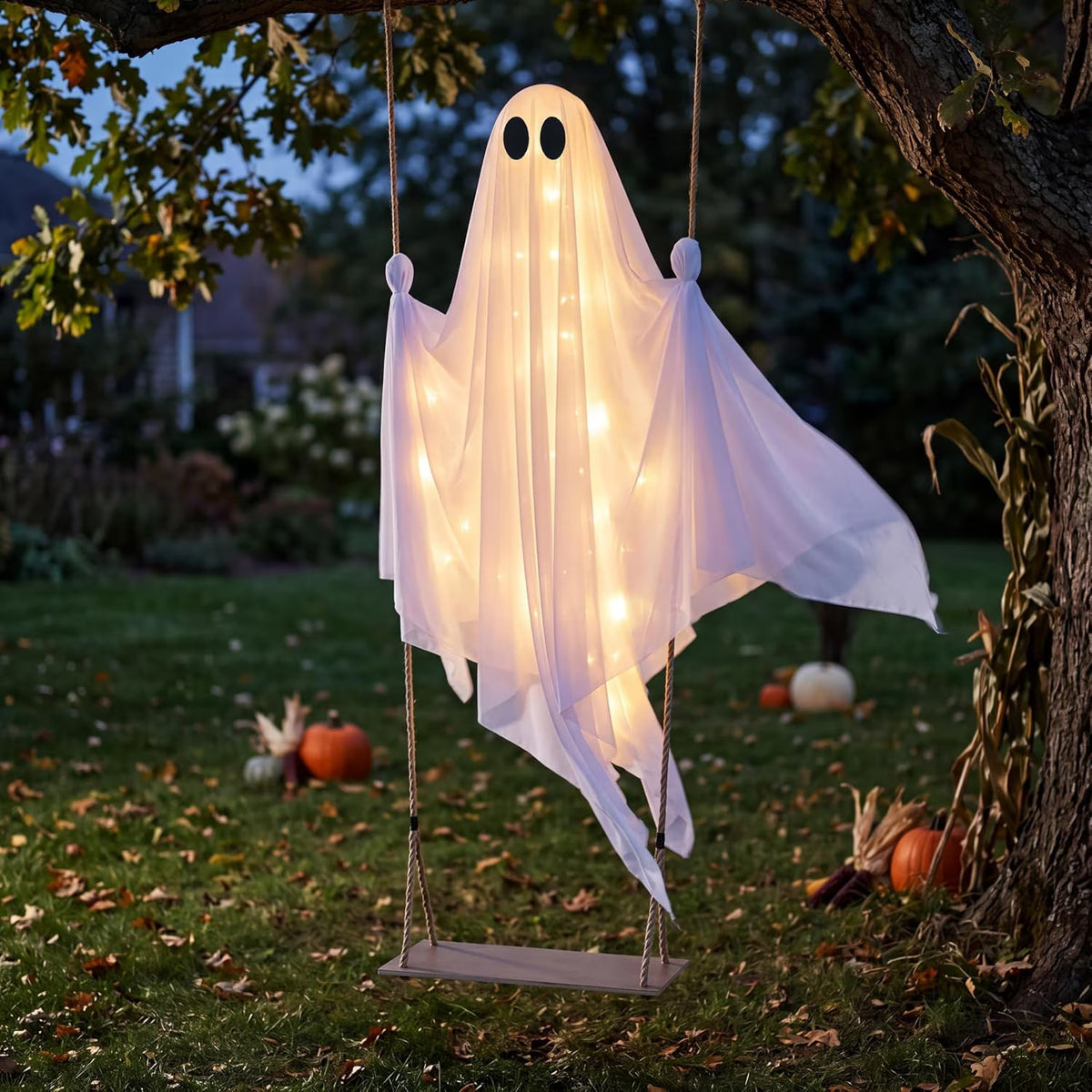 5 Ft Illuminated Hanging Ghost Swing - Enchanting Warm White LED Halloween Outdoor Decoration for Yard, Tree, and Front Porch