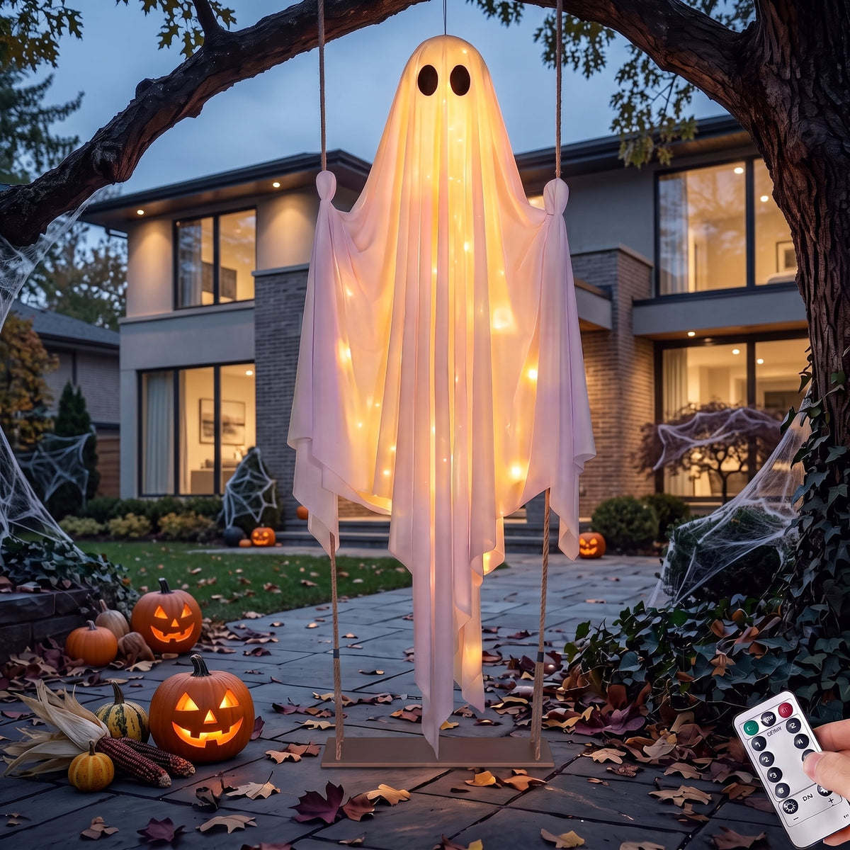 5 Ft Illuminated Hanging Ghost Swing - Enchanting Warm White LED Halloween Outdoor Decoration for Yard, Tree, and Front Porch