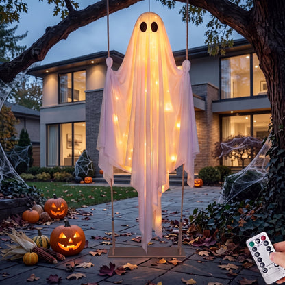 5 Ft Illuminated Hanging Ghost Swing - Enchanting Warm White LED Halloween Outdoor Decoration for Yard, Tree, and Front Porch