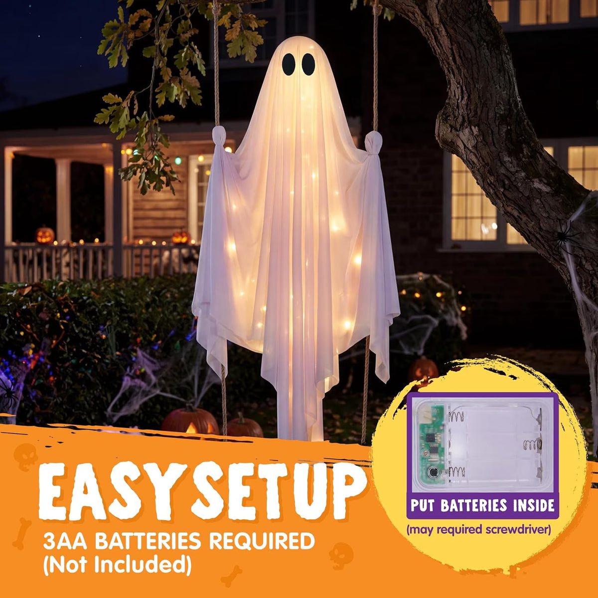 5 Ft Illuminated Hanging Ghost Swing - Enchanting Warm White LED Halloween Outdoor Decoration for Yard, Tree, and Front Porch