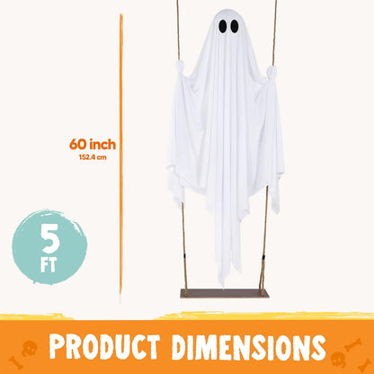 5 Ft Illuminated Hanging Ghost Swing - Enchanting Warm White LED Halloween Outdoor Decoration for Yard, Tree, and Front Porch